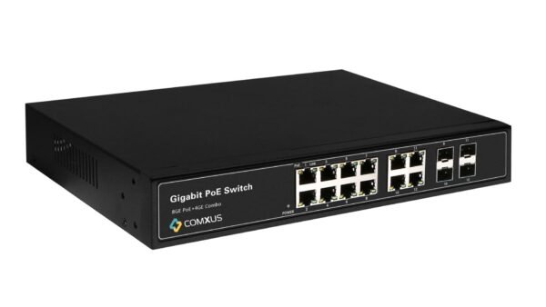 Comxus 8 port network poe switch with 4 combo ports side view