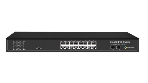 Comxus 16 port network poe switch with 4 combo ports front view