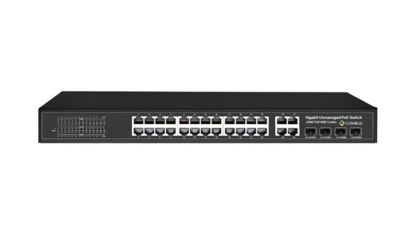 Comxus 24 port network poe switch with 4 combo ports front view