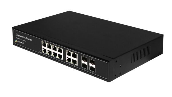 Comxus 8 port network poe switch with 4 combo ports side view