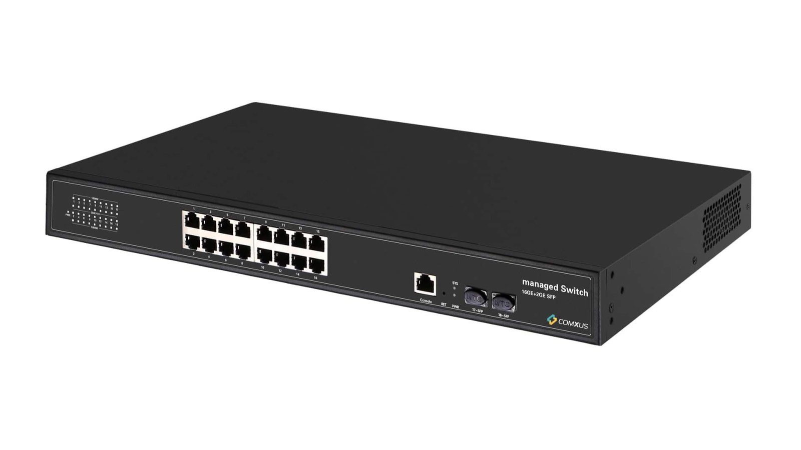Comxus 16 port network managed switch with 2 sfp port side 1
