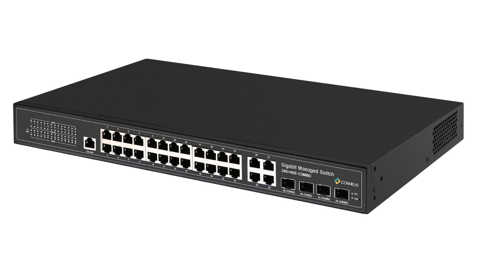 Comxus 24 L3 poe network switch with 4 sfp port side 1